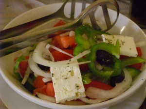 A classic Greek salad in Corfu.