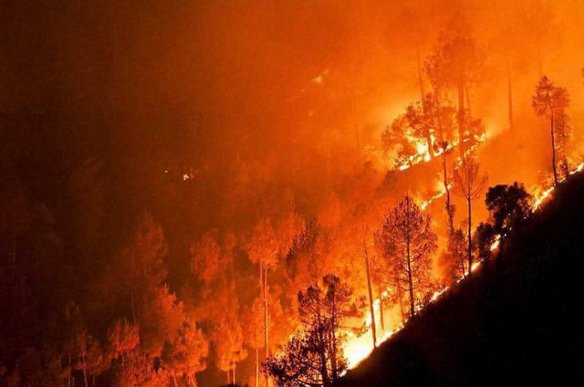 A major fire in the forests at Ahirikot in Srinagar, Uttarakhand state, India, Monday, May 2, 2016. Massive wildfires that have killed at least seven people in recent weeks were burning through pine forests in the mountains of northern India on Monday, including parts of two tiger reserves.(Press Trust of India via AP) INDIA OUT, MANDATORY CREDIT, NO ARCHIVE