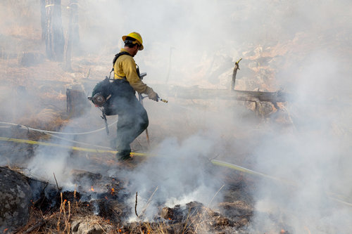 Nick Gutierez wets down the grass and needles along a fire line in Okanogan County. (Photo © John Marshall).  